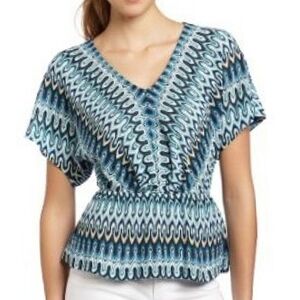 Trina Turk Crochet Knit Dolman Sleeve Top Peplum Hem In Blue Size S